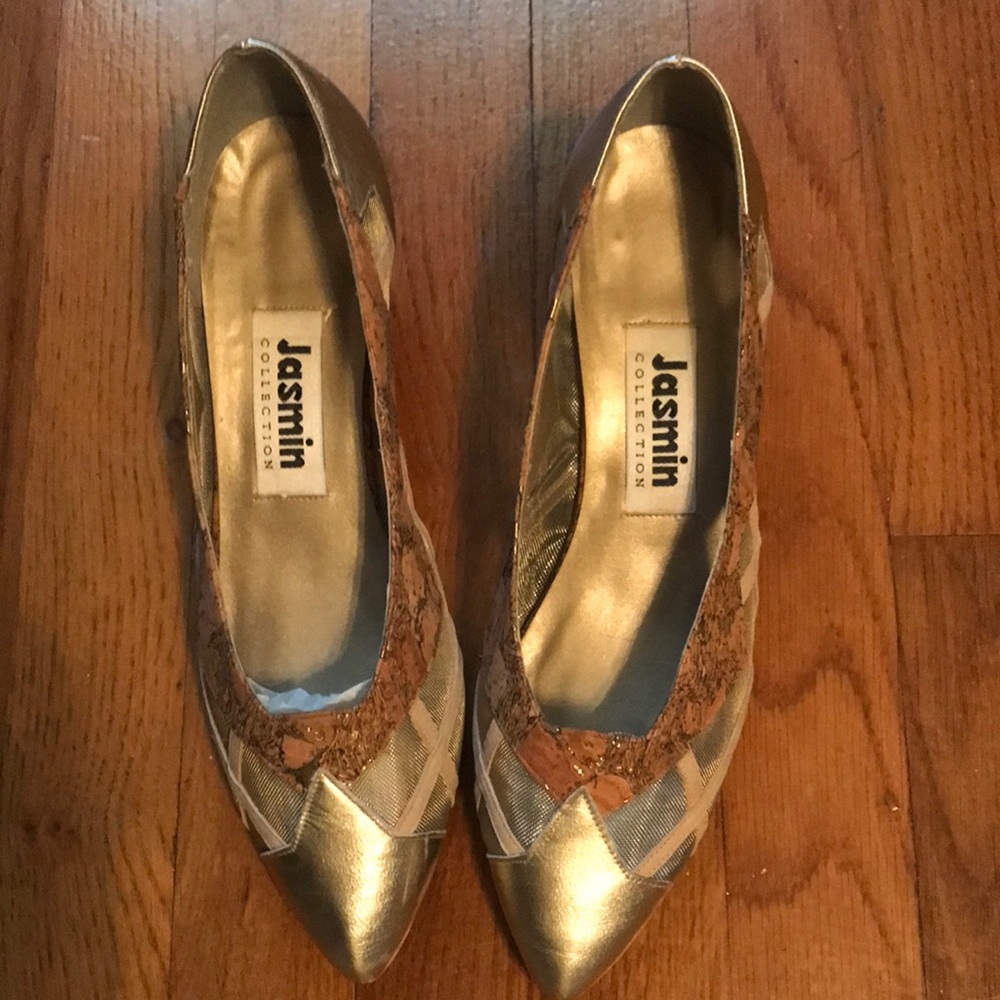 Silver unique wedges with tan, cork, and mesh accents